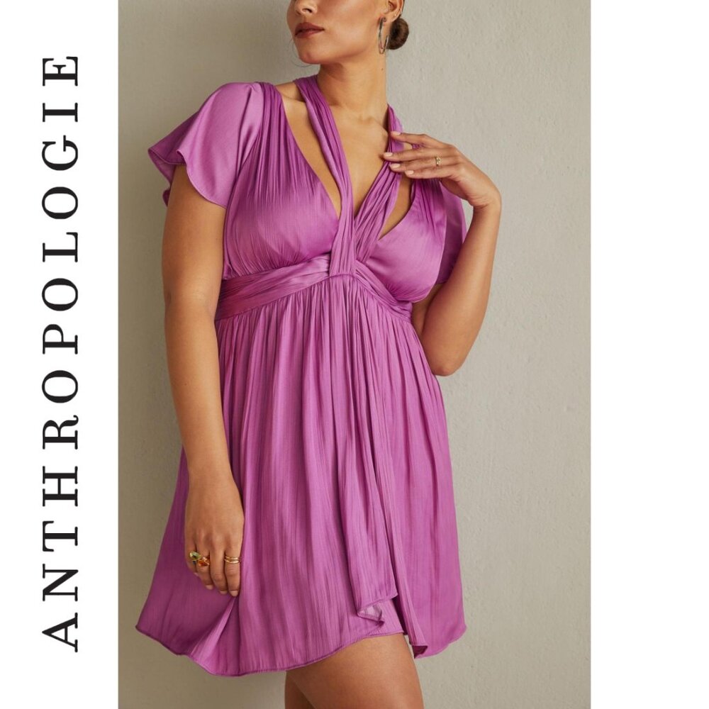 By Anthropologie Amethyst Purple Satin Mini Dress 8 - Picture 15 of 15